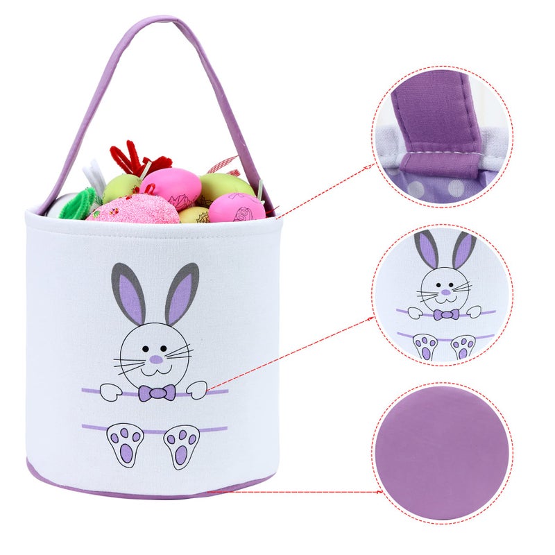 XinblueCo Easter Bunny Basket Egg Bags for Kids,Canvas Cotton Personalized Candy Egg Basket Rabbit Print Buckets with Fluffy Tail Gifts Bags for Easterâ€¦â€¦ - Image 3